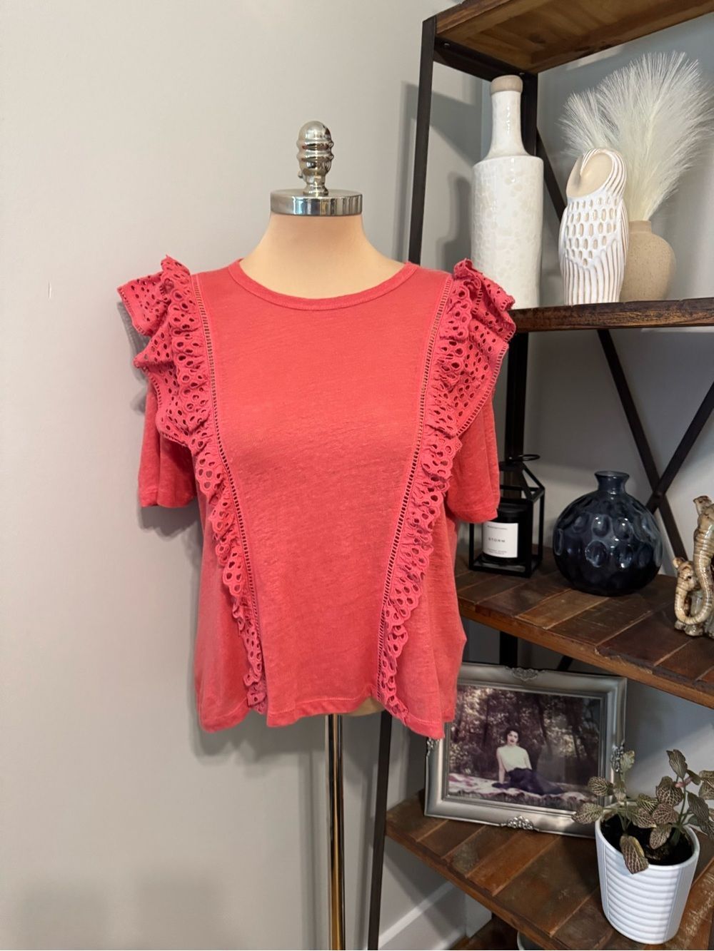 Veronica Beard Prema Eyelet Crewneck Tee in Faded Rose Size XL